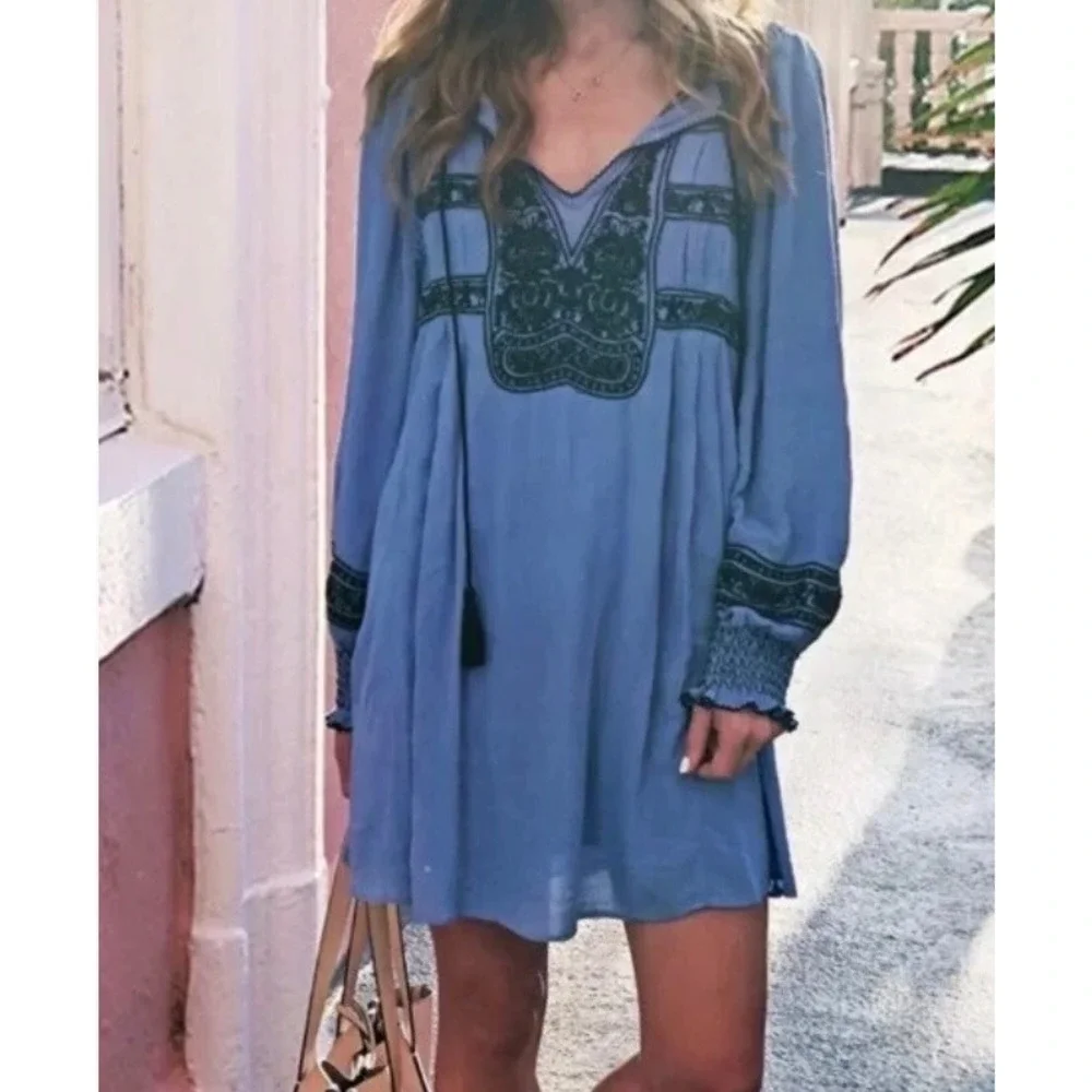 Free‎ People Embroidered Peasant Mini Dress Blue Boho Tassel V-Neck M
